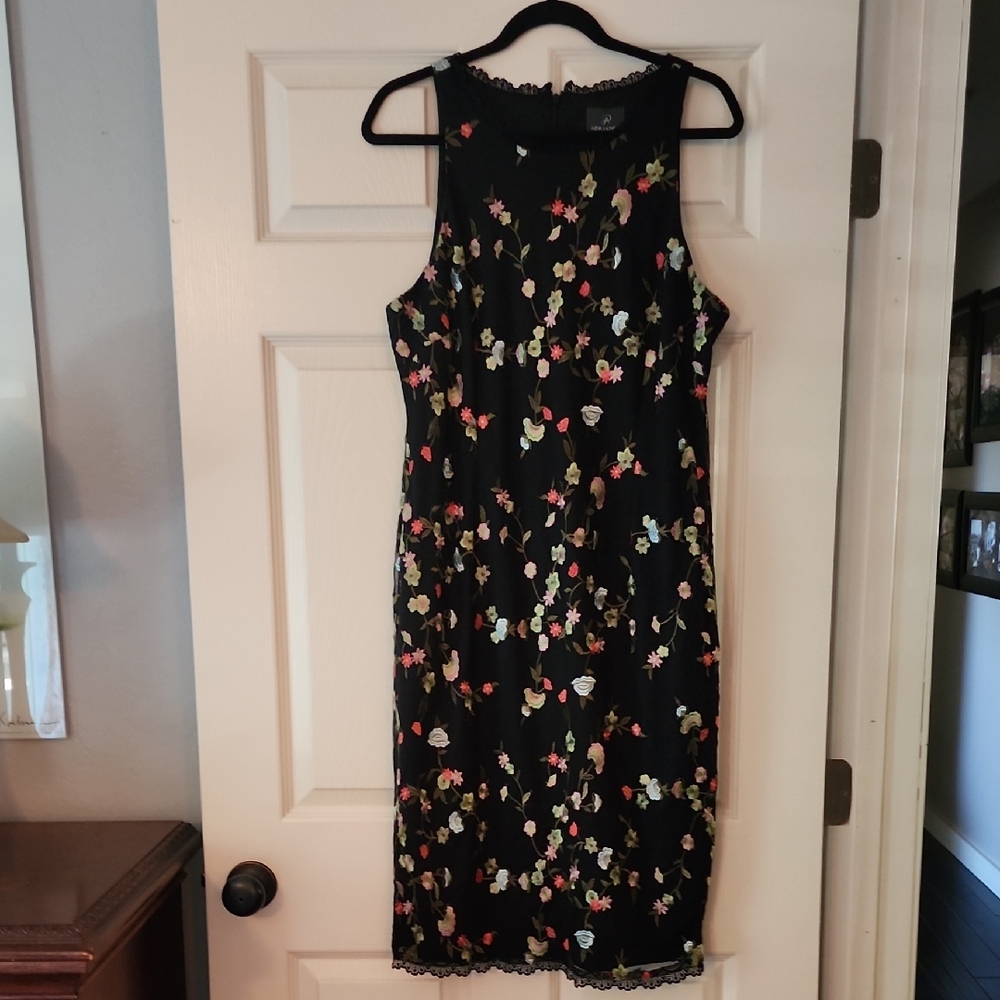 Adrianna Papell Chic Black Floral Midi Dress Size 16 Womens